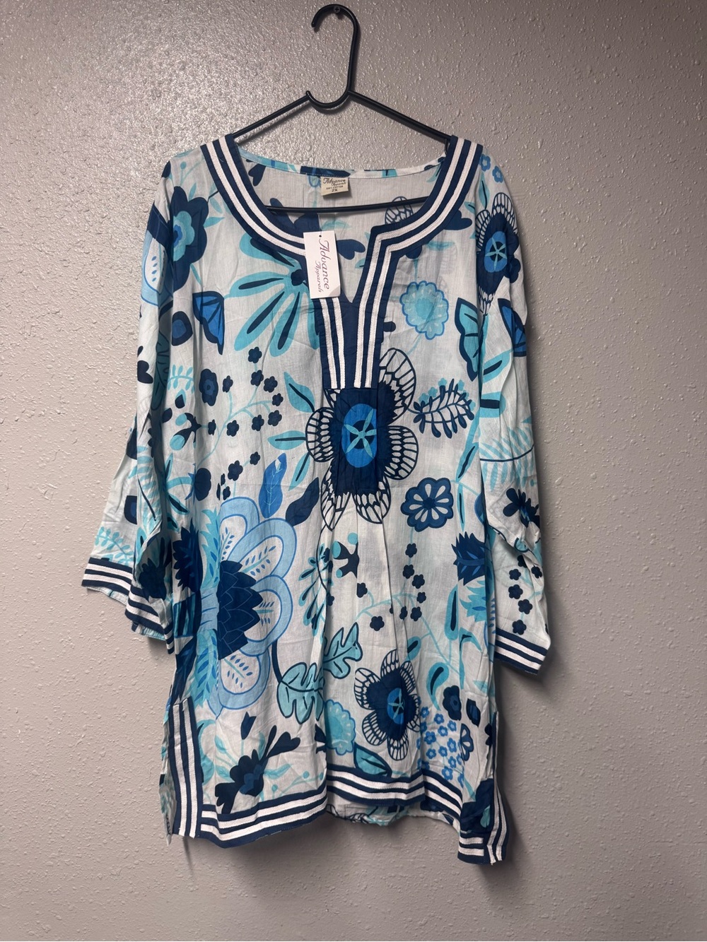 Advance Apparels Blue Floral Tunic with Navy Stripe Detail
